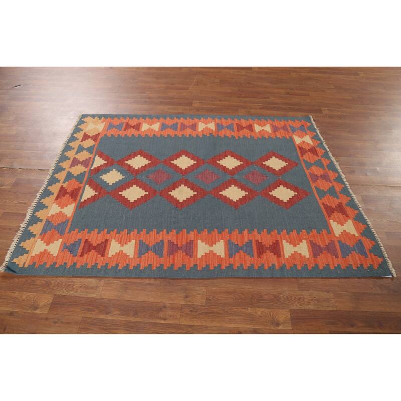 Geometric Blue Flat Weave Kilim Persian Rug Hand-Knotted Wool Carpet - 4'2"x 5'8"