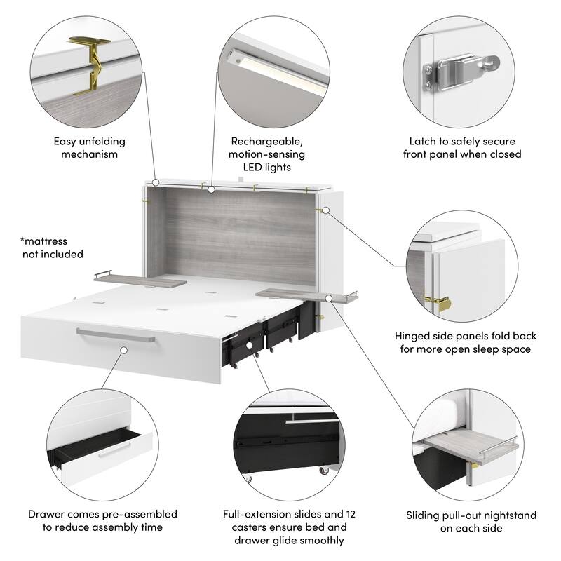 Bestar Borealis 57W Full Murphy Cabinet Bed with Pullout Drawer