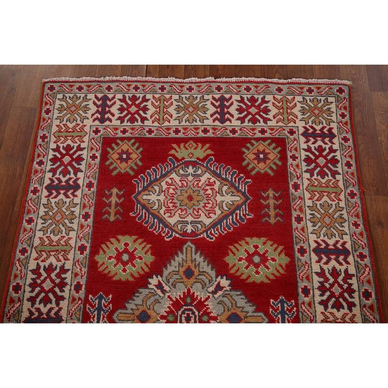 Red Kazak Oriental Accent Rug Handmade Traditional Wool Carpet - 3'2" x 4'10"
