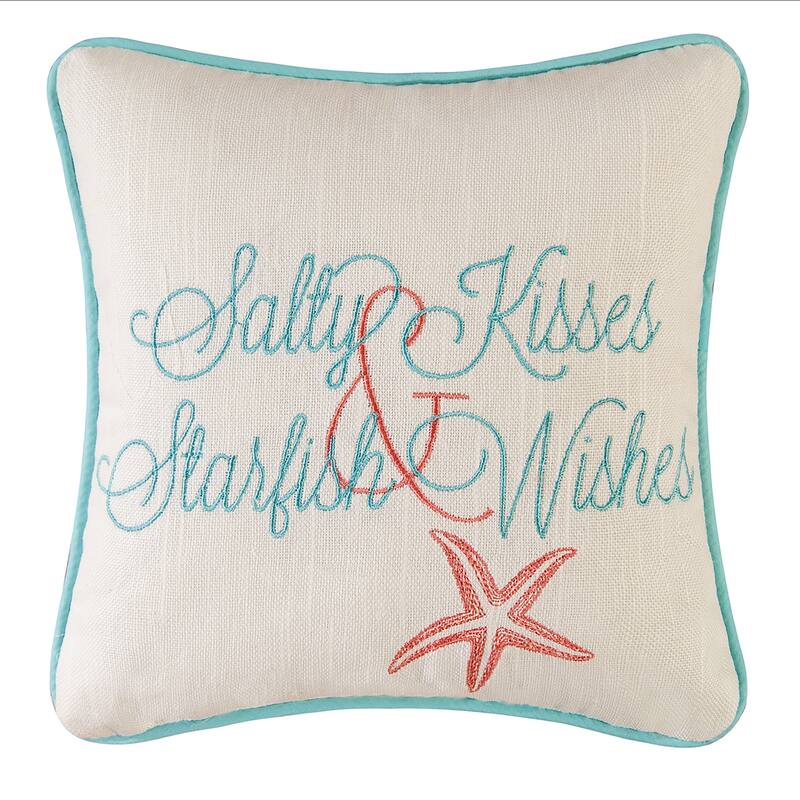 Salty Kisses & Starfish Wishes Embroidered Coastal Decorative Throw Pillow