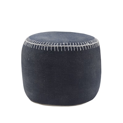 Blue Cotton Striped Pouf Ottoman for Footrest, Seat or Table, 18 Inch