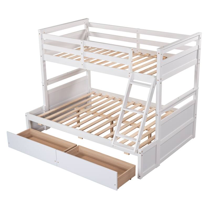 Convertible Bunk Bed into Twin Bed & Full Bed, Twin Over Full Wood Bed Frame with Storage Drawers, Ladder and Safety Guardrails