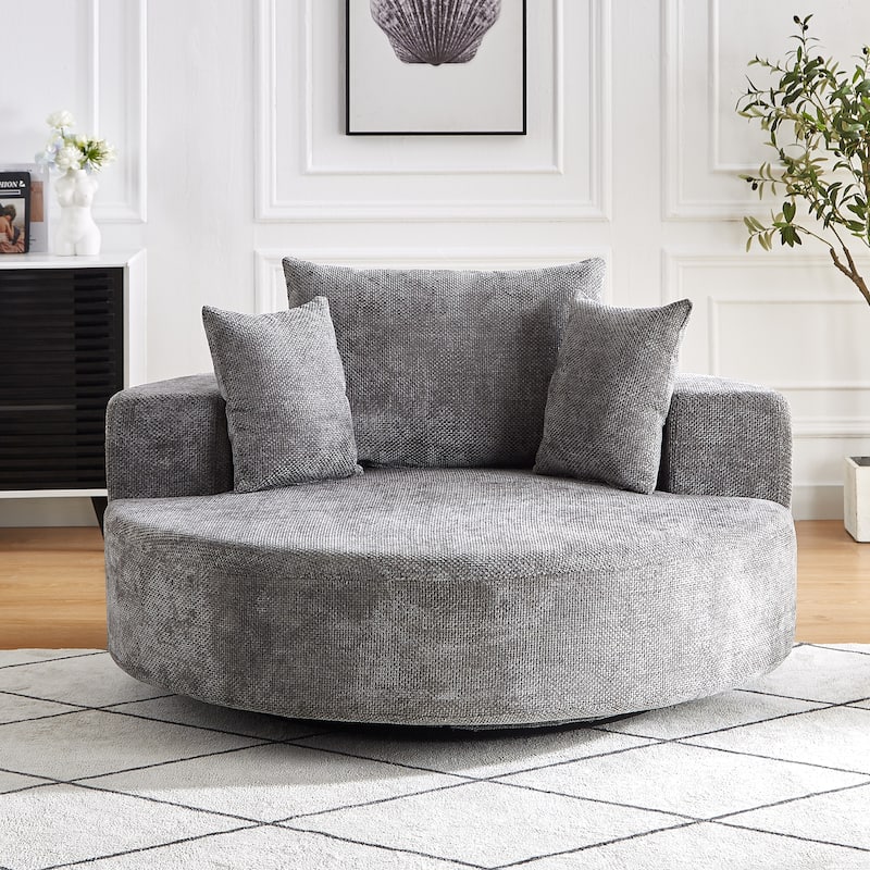 360° Swivel Sofa Chair Chenille Round Single Chaise Lounge with Cylindrical Neck Pillow and Integrated Backrest for Living Room - Grey