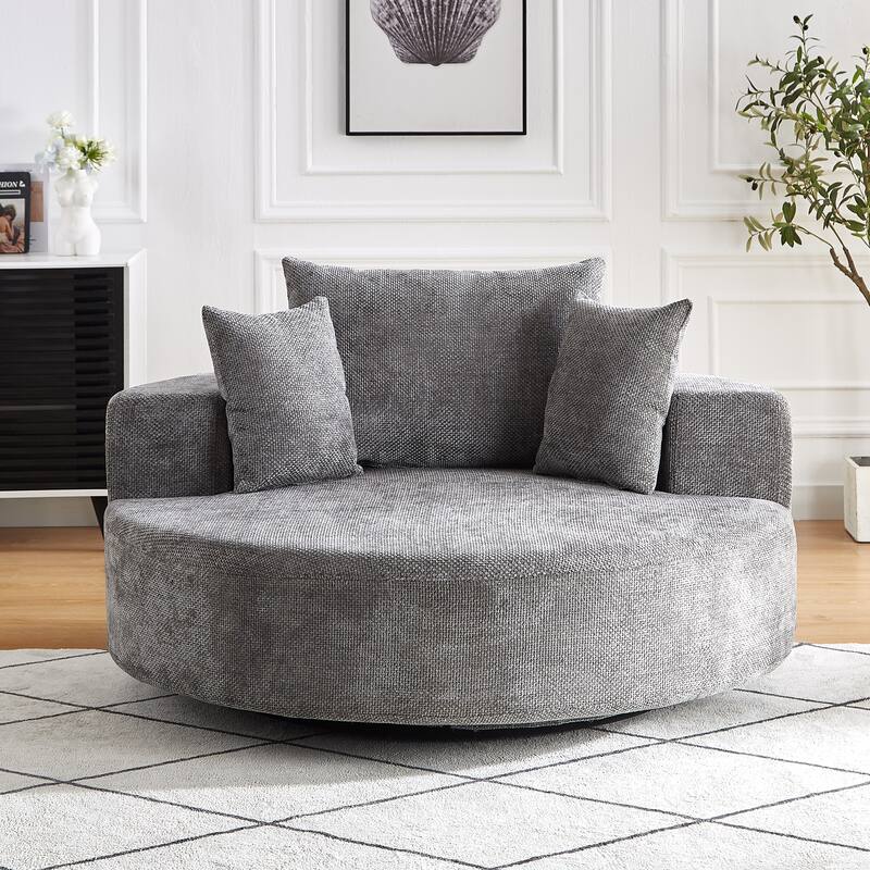 360 Degree Swivel Sofa Chair with Backrest Pillow for Livingroom 55'' Chenille Single Sofa, Round Fluffy Sleeper Sofa