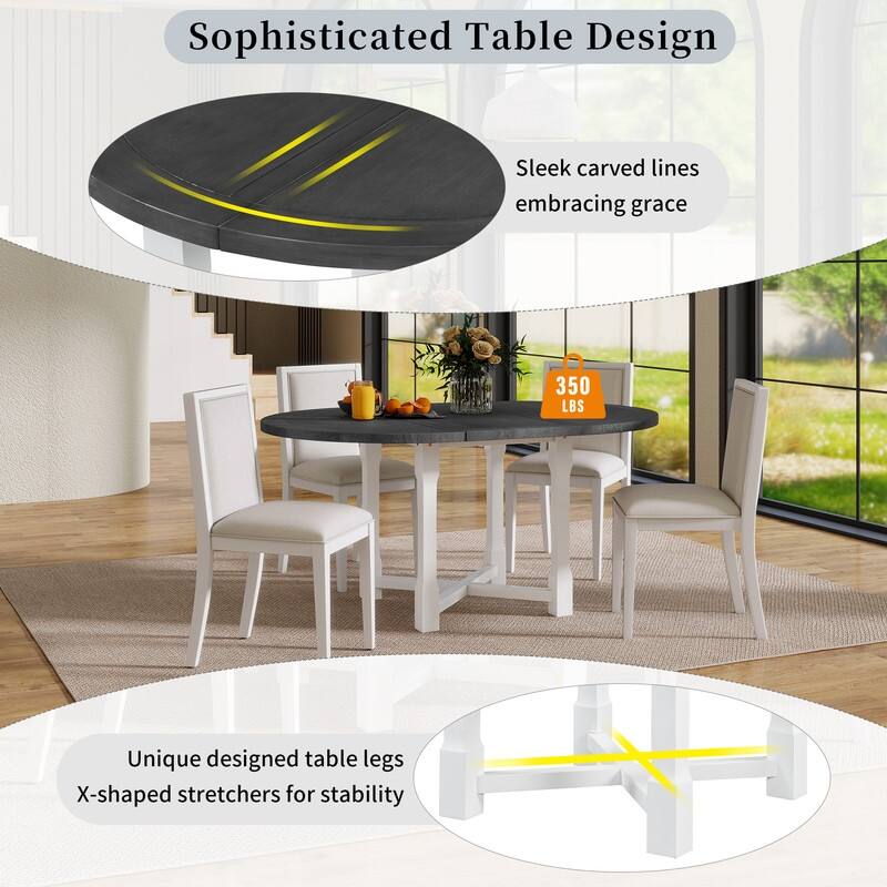 5-Piece Extendable Dining Table Set for 4, Round Dining Table for 4 with Upholstered Chairs,Removable Leaf