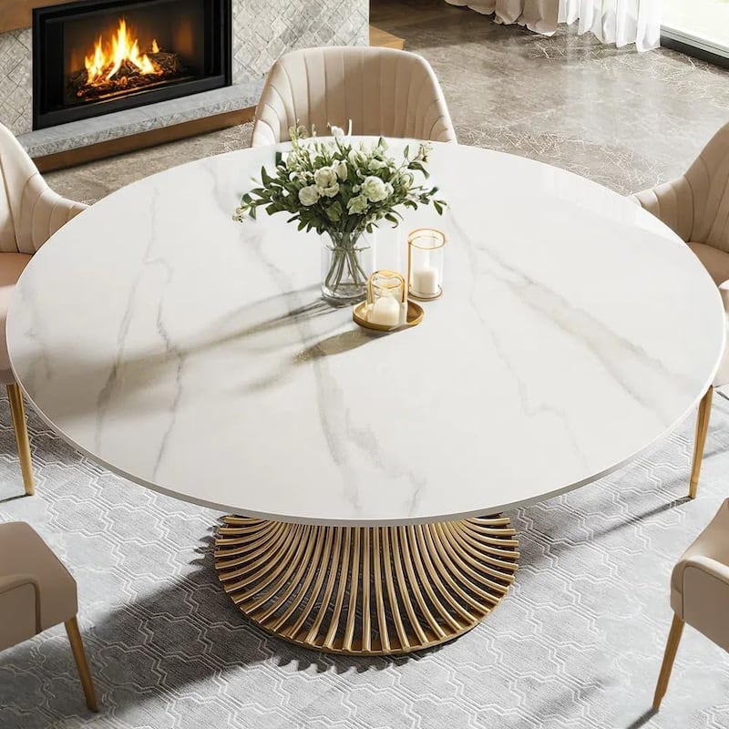 Modern Sintered Stone Round Dining Table With Gold Stainless Steel Pedestal For 6 People - Gold and White