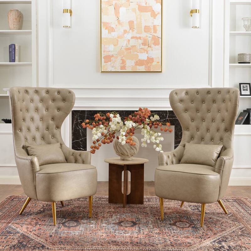 KINWELL Upholstered Tufted Faux Leather Wingback Chair PU Accent Chair - Set of 2 - Khaki