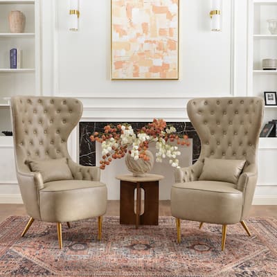 KINWELL Upholstered Tufted Faux Leather Wingback Chair PU Accent Chair