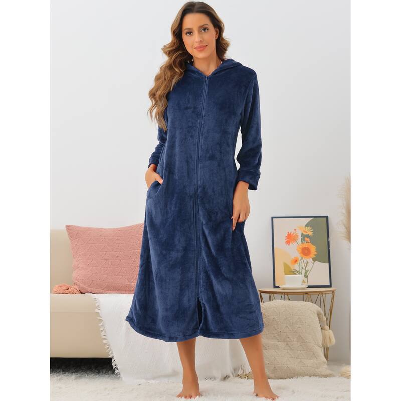 Womens Flannel Robe Fluffy Plush Long Zip Front Bathrobe with Pockets Warm Soft Zippered Bathrobes - Navy Blue - M