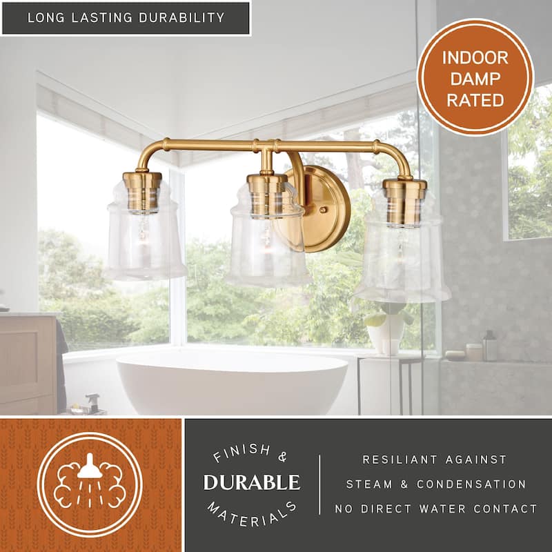 Toledo 3 Light Brass Industrial Jar Bathroom Vanity Fixture - 22-in W x 8.25-in H x 8-in D