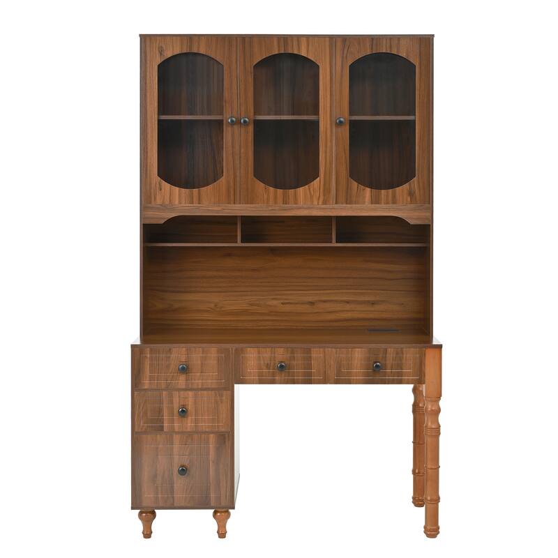 Retro Office Desk Executive Computer Desk with Charging Ports & Hutch, 5 Storage Drawers, Glass-Door Bookshelf