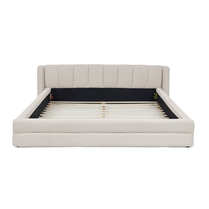 Queen Upholstered Platform Bed with Headboard - Thick Chenille Fabric, Modern Design, Beige (87''x67''x23.5'')