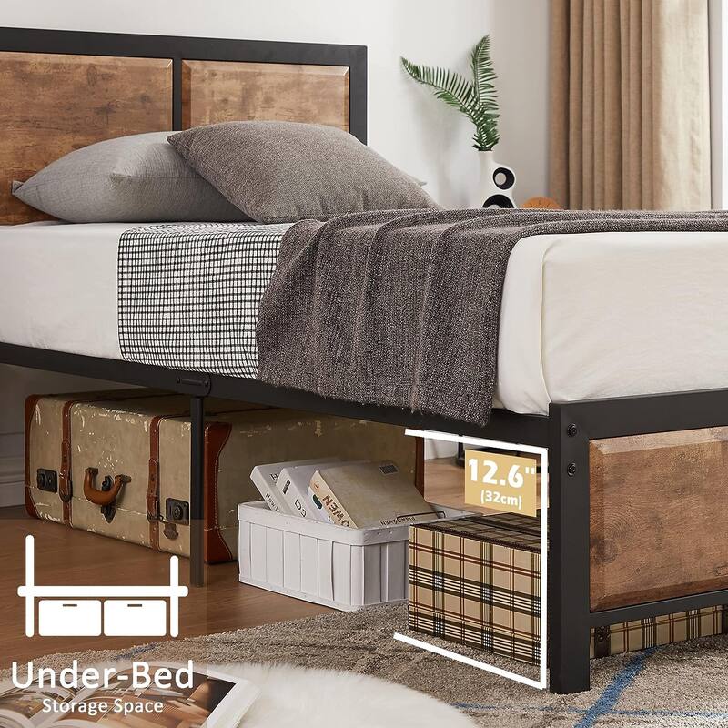 VECELO Set of 2 Platform Twin Beds 12.6" Elevated Storage Space MDF Partitioned Headboard & Footboard No Box Spring Needed