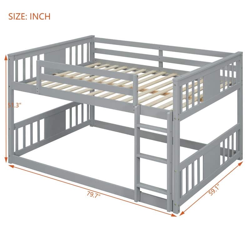 Low Bunk Beds Full Over Full Wood Bunk Bed Frame Floor Bunkbed for Kids Toddlers Boys Girls Teens' Bedroom Dorm