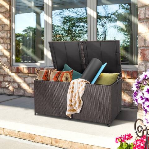 Outdoor Wicker Storage Box with Universal Wheels and Zippered Liner