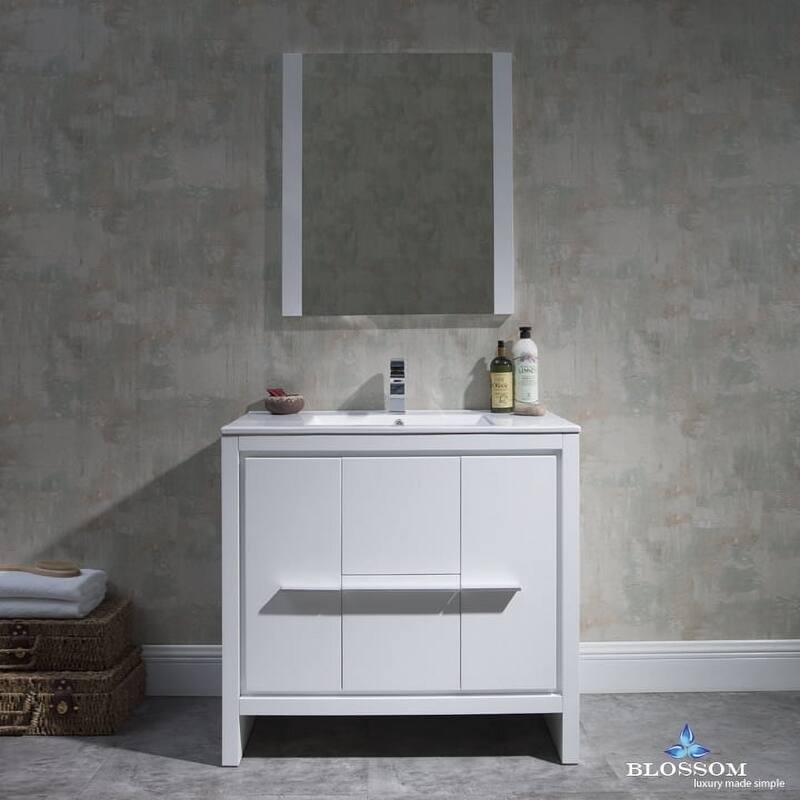 Blossom 36-Inch Bathroom Vanity with Ceramic Sink and Mirror - Glossy White