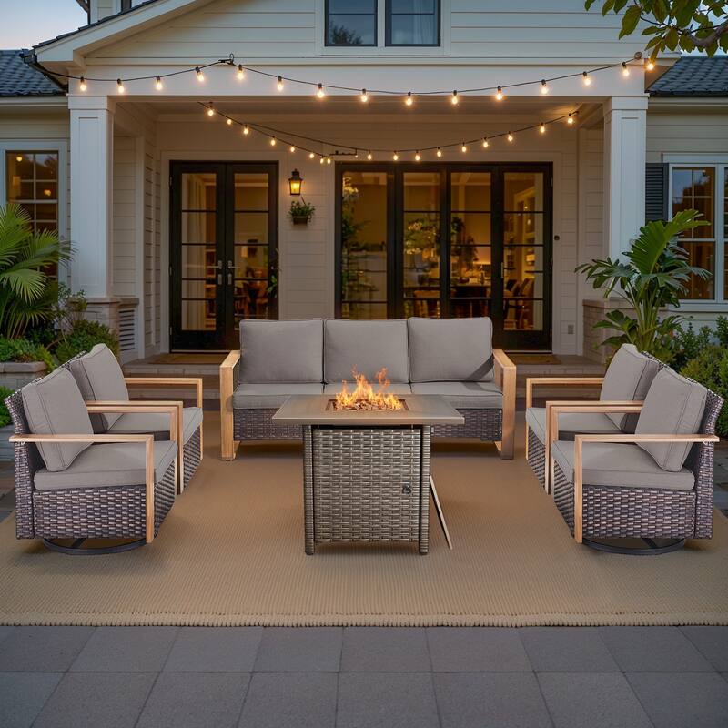 Pocassy 4/6/8PCS Sofa Swivel Chair with Fire Pit Table Set - Brown Wicker Gray Cushion - 6-Piece Sofa Swivel Chair with Fire Table