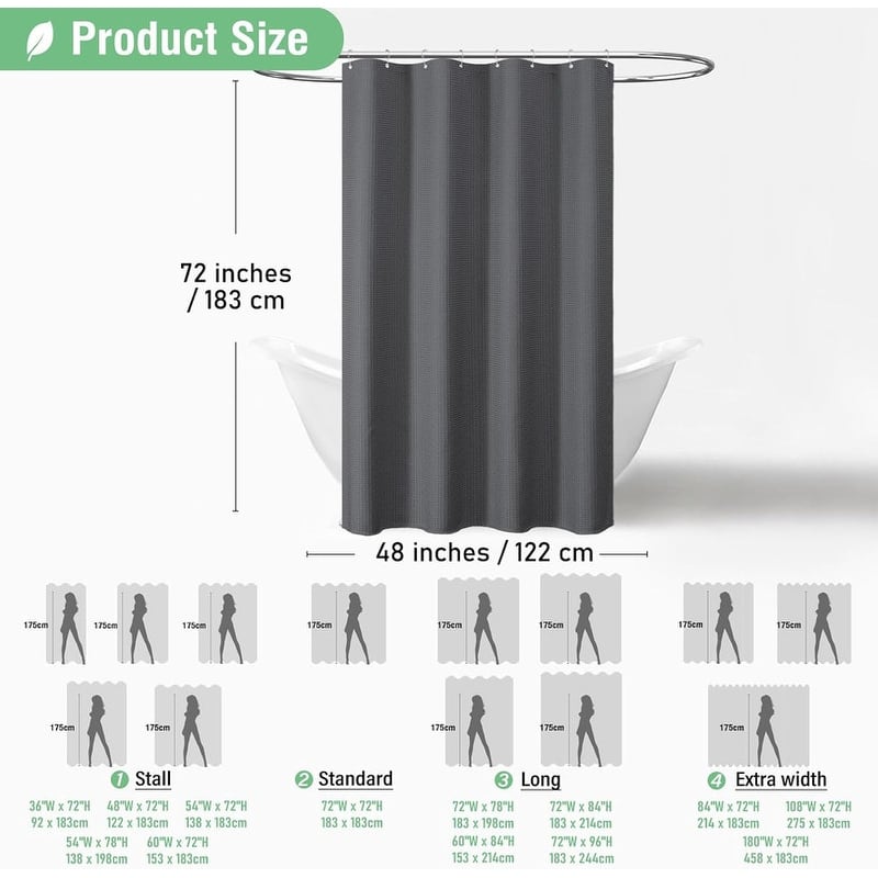 Waffle Textured Heavy Duty Thick Fabric Shower Curtain, Luxury Weighted Polyester Fabric Shower Curtain Set