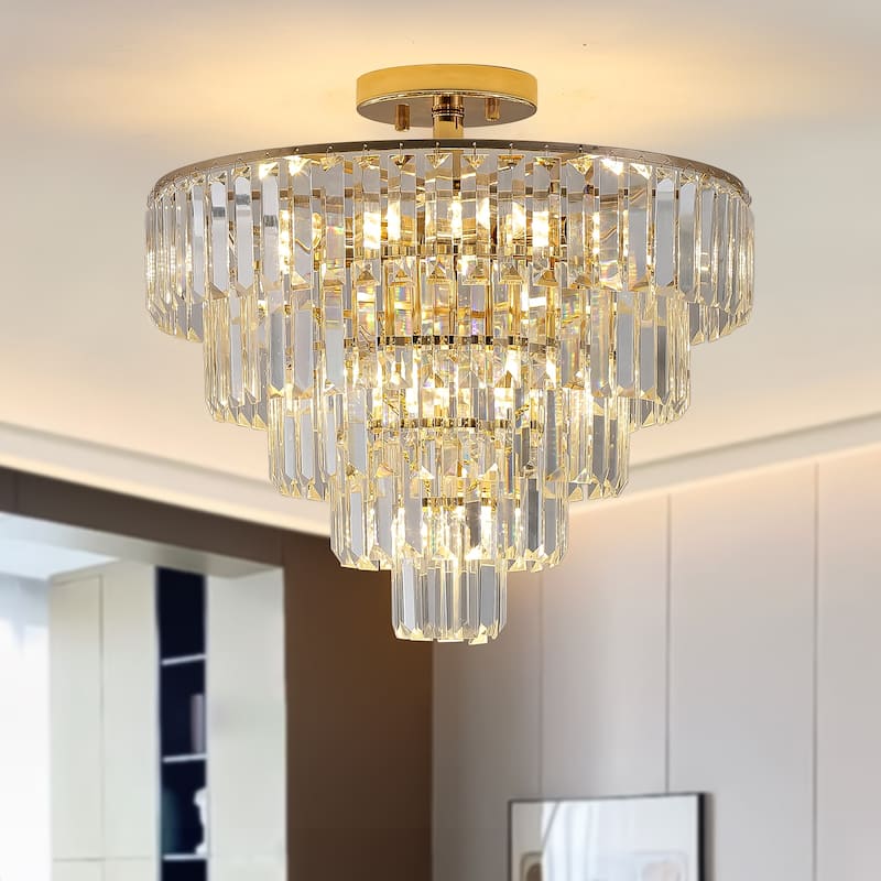 Crystal Chandeliers, 5-Tier Round Semi Flush Mount Chandelier Light Fixture,Large Contemporary Luxury Ceiling Lighting - Golden