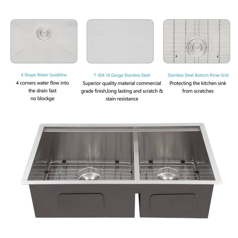 33-inch Undermount Kitchen Sink Low Divide Double Bowl 50/50 Prep Workstation Sink 16 Gauge Stainless Steel Kitchen Sink Basin