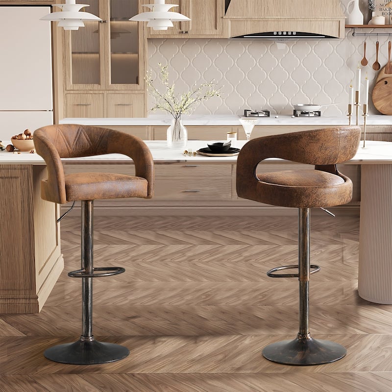VECELO Set of 2 Rounded Mid-Back Swivel Bar Stools with Adjustable Height 360° Rotation 16" Base with Footrest