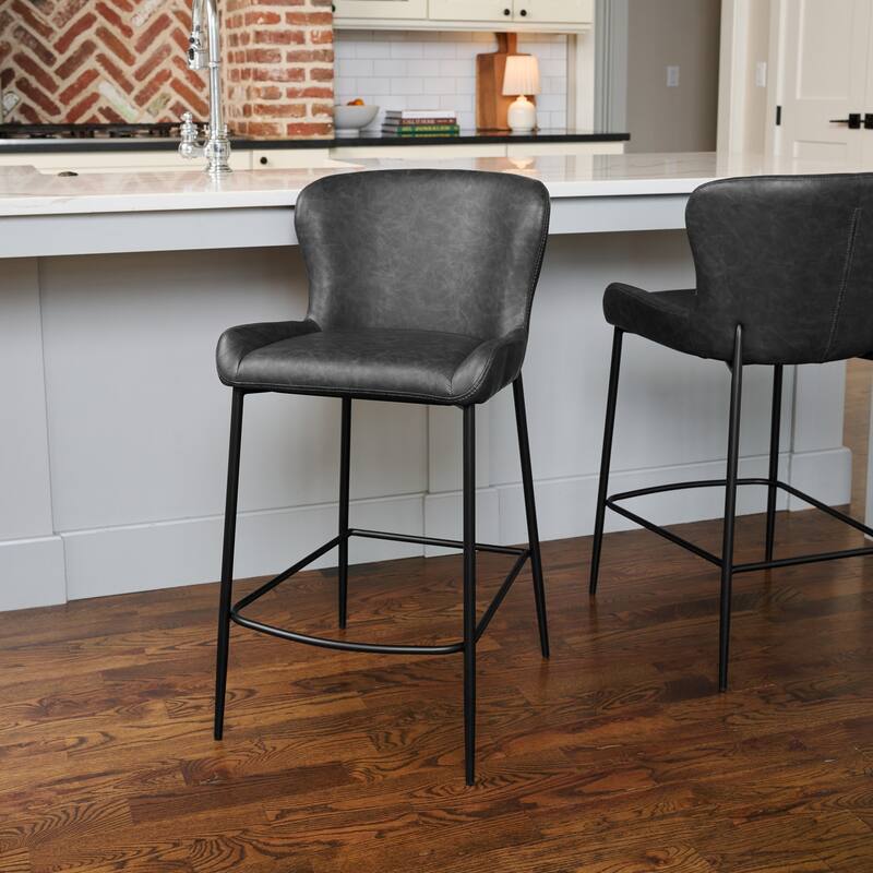 Maven Lane Naomi Metal and Vegan Leather Kitchen Dining Stool - Matte Black Finish - Counter Height