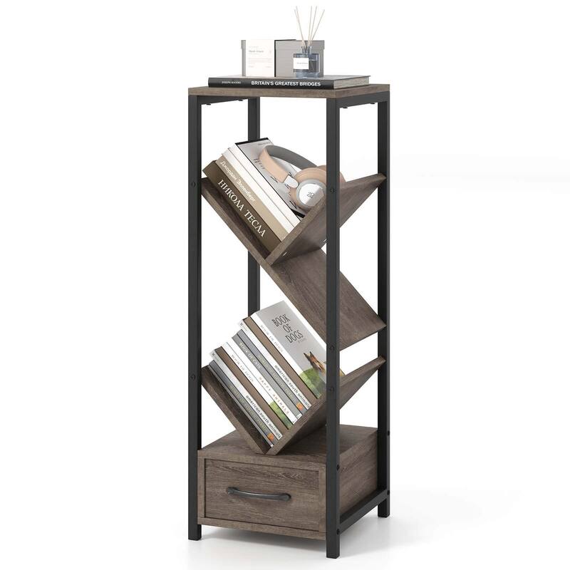 4-Tier Floor Standing Bookcase Wood Tree Bookshelf w/ Drawer - 1 pcs