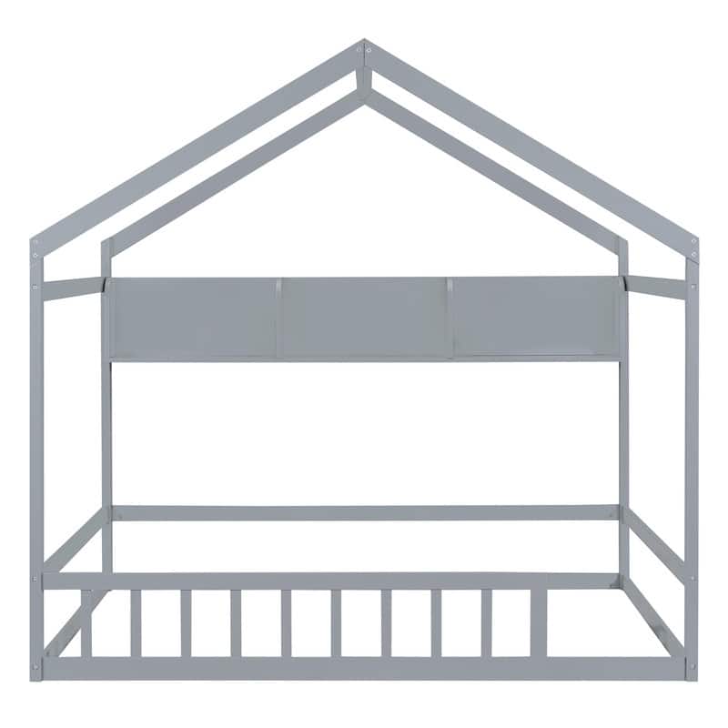 Wooden House Bed with Storage Shelf，Fence and Roof