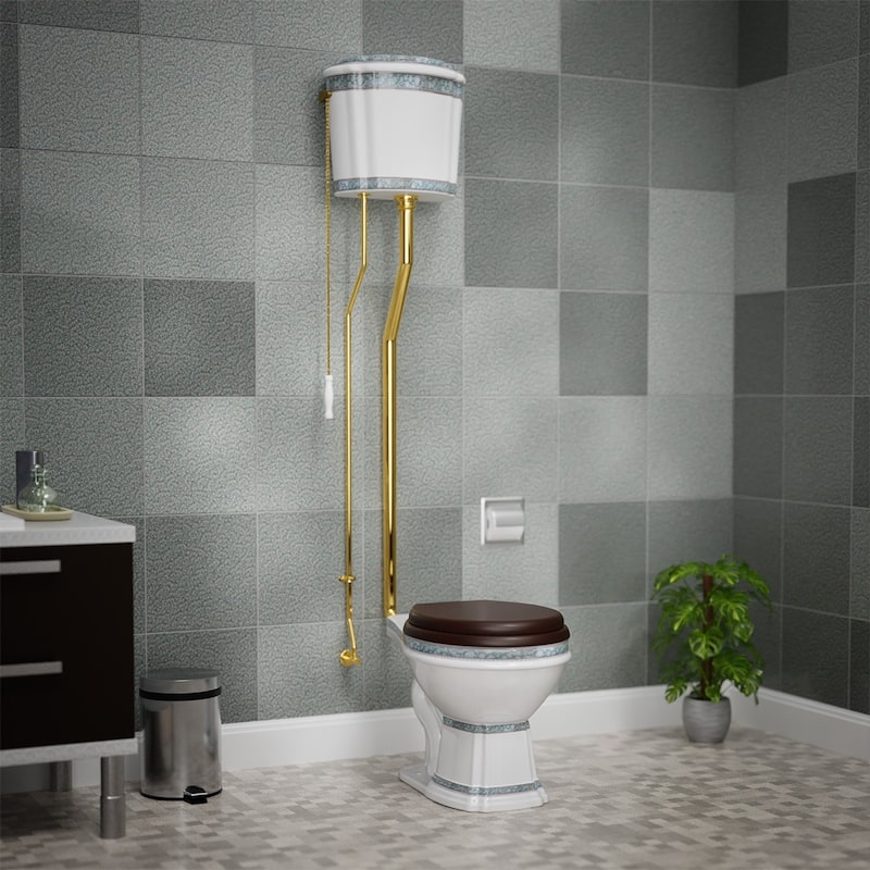 High Tank Toilet - White Ceramic Toilet Brass L Pipe and Elongated White Bowl Renovators Supply
