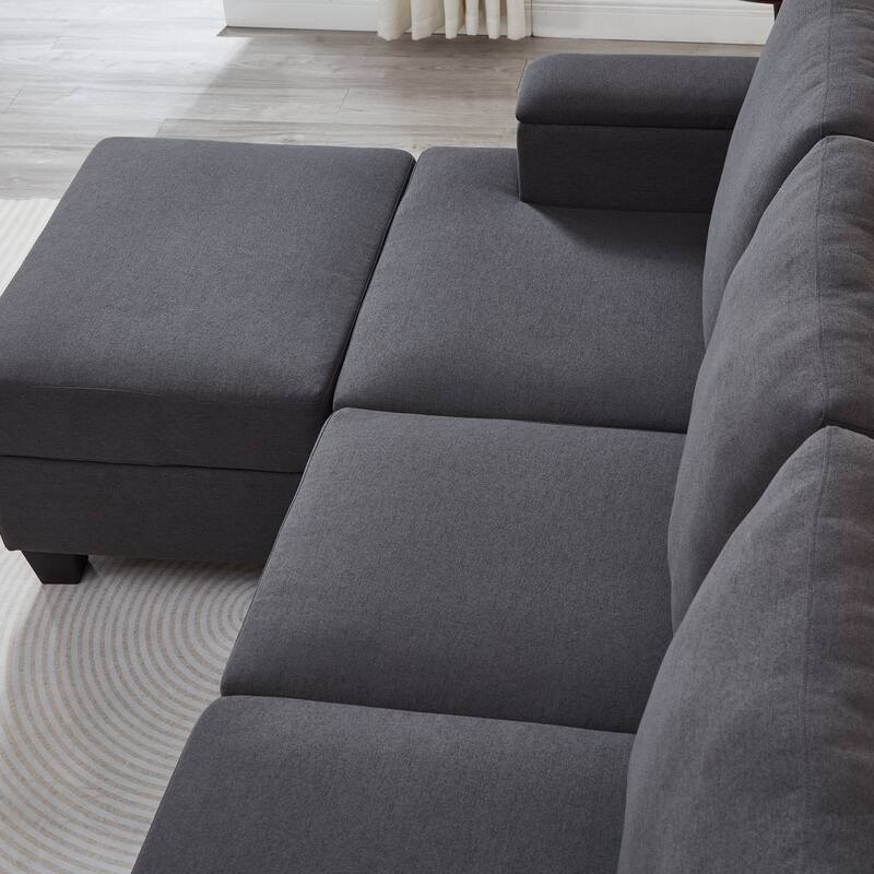 L Shaped 3 Seats Sofa with Armrest Organizer, Linen Sectional Sofa with Movable Ottoman, Comfy Upholstered 3 Seater Couch,