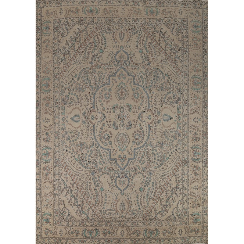 Traditional Beige Tabriz Persian Area Rug Handmade Wool Carpet - 10'3"x 12'8"