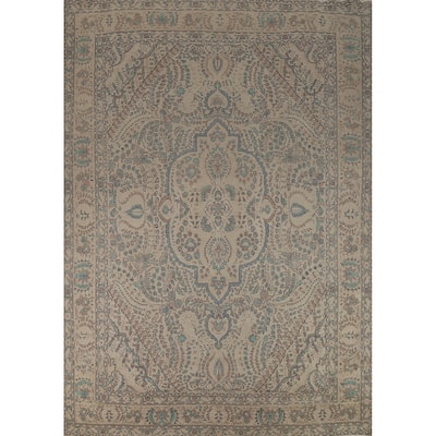 Traditional Beige Tabriz Persian Area Rug Handmade Wool Carpet - 10'3"x 12'8"