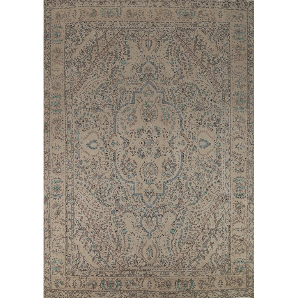 Traditional Beige Tabriz Persian Area Rug Handmade Wool Carpet - 10'3"x 12'8"