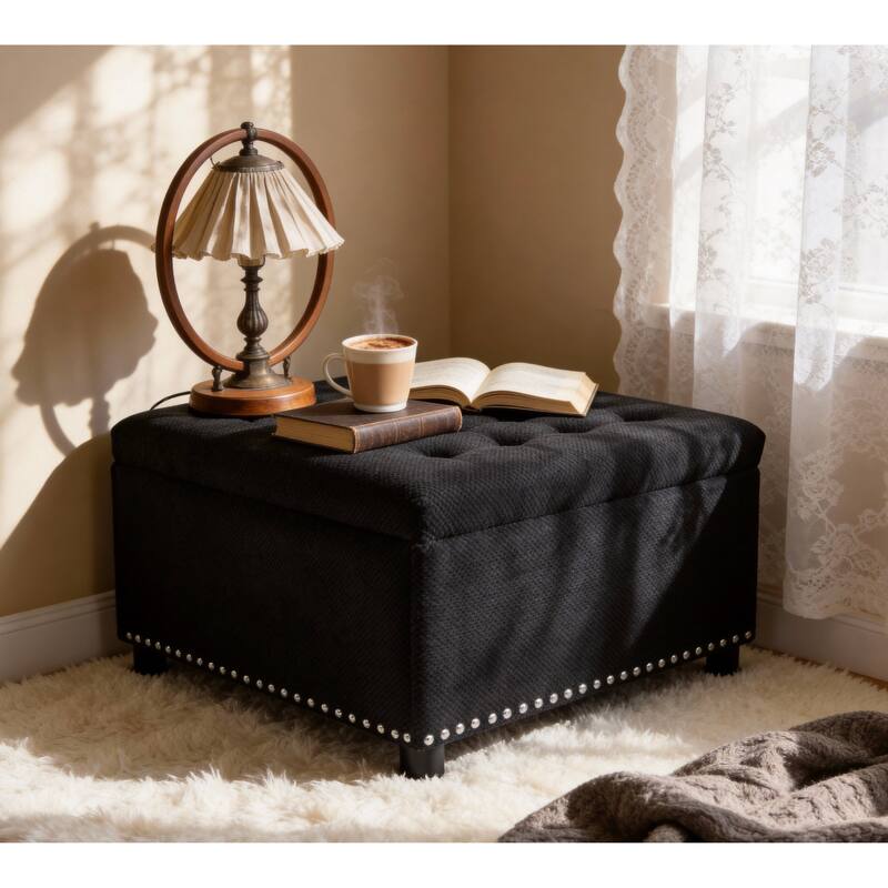 Storage Ottoman,Tufted Footstool, Nailhead Trim Ottoman, Square Storage Ottoman, Upholstered Coffee Table, Bedroom Storage