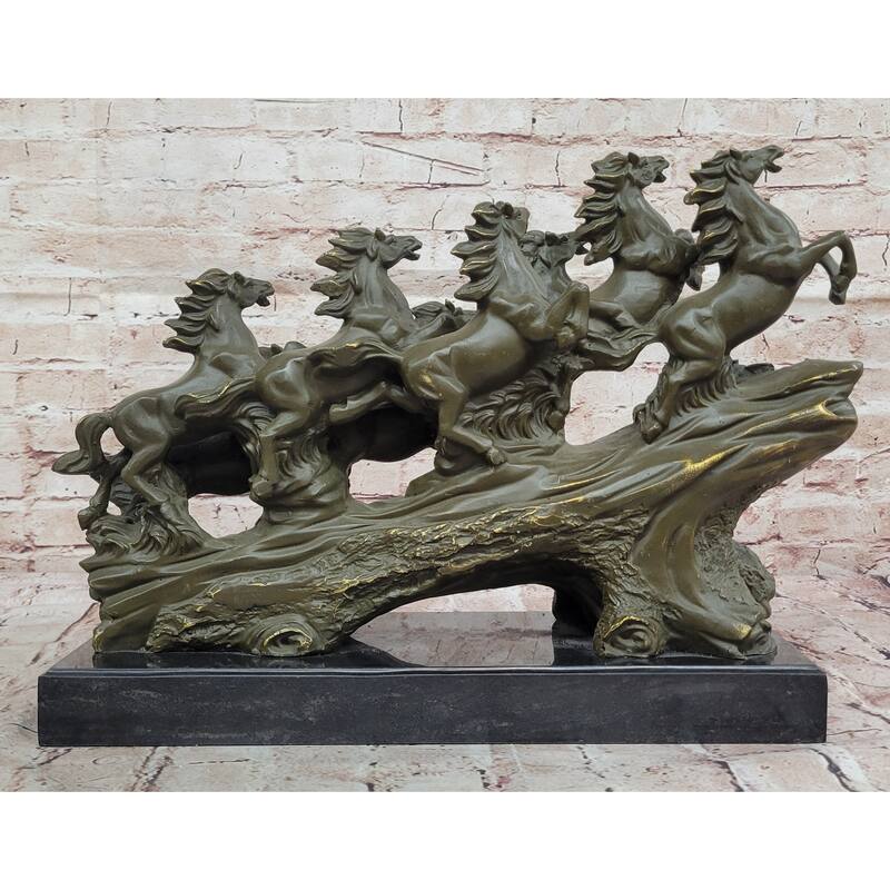 Eight Running Imitative Horses Bronze Sculpture On Marble Base By Milo