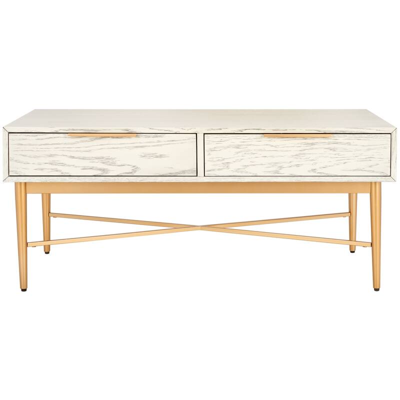 SAFAVIEH Hellen 2-Drawer Rectangle Coffee Table - 42 In. W x 22 In. D x 18 In. H - 42Wx22Dx18H - White Washed/Gold