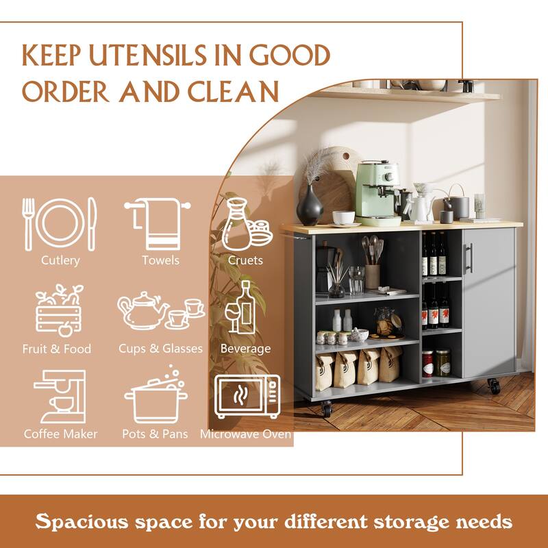 Futzca 47”W Kitchen Storage Island Cart with 6 Open Shelves and 1 Cabinet