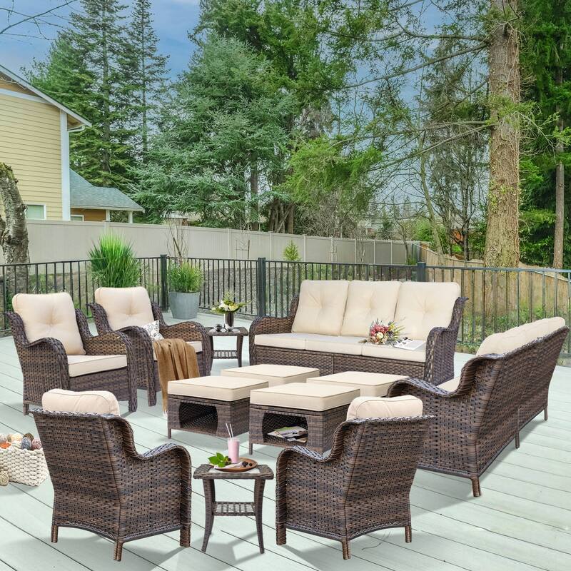Brown Wicker Outdoor Patio Conversation Seating Sets with Beige Cushions - 12 Piece - Beige