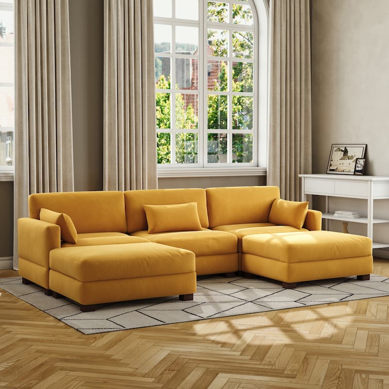 Corduroy Upholstered Modular Sectional Sofa for Living Room - ORANGE 5-PIECE