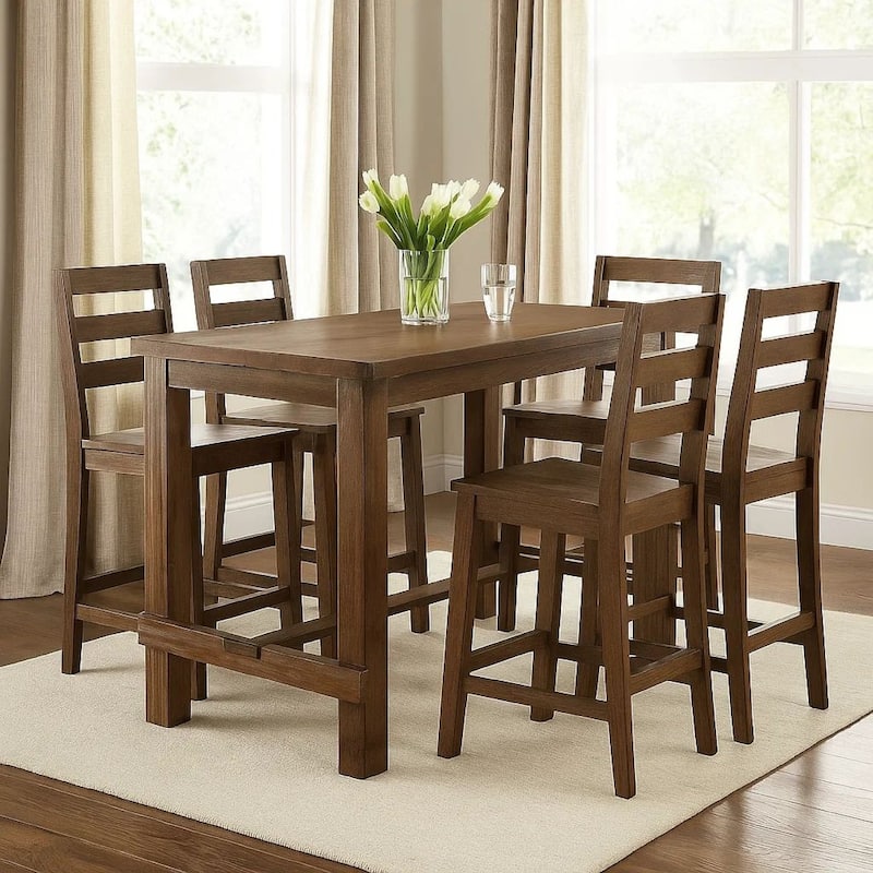 Rustic Plank Wooden Counter Height Table with Block Legs, Oak Brown