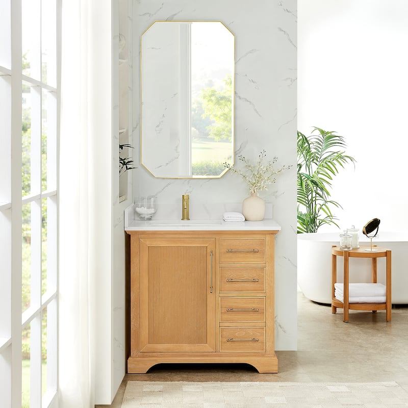 Tokyo Bath Vanity with Quartz Stone Top without Mirror - 36in. - Oak Natural Brown
