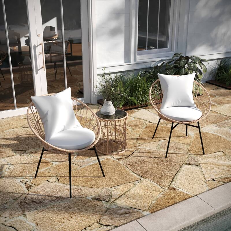 Indoor/Outdoor Rattan Rope Bistro Set, Glass Top Table & Cushions