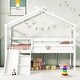 preview thumbnail 2 of 1, Twin Low Loft House Bed with Slide, Ladder, Safety Guardrails, House Roof Frame,White