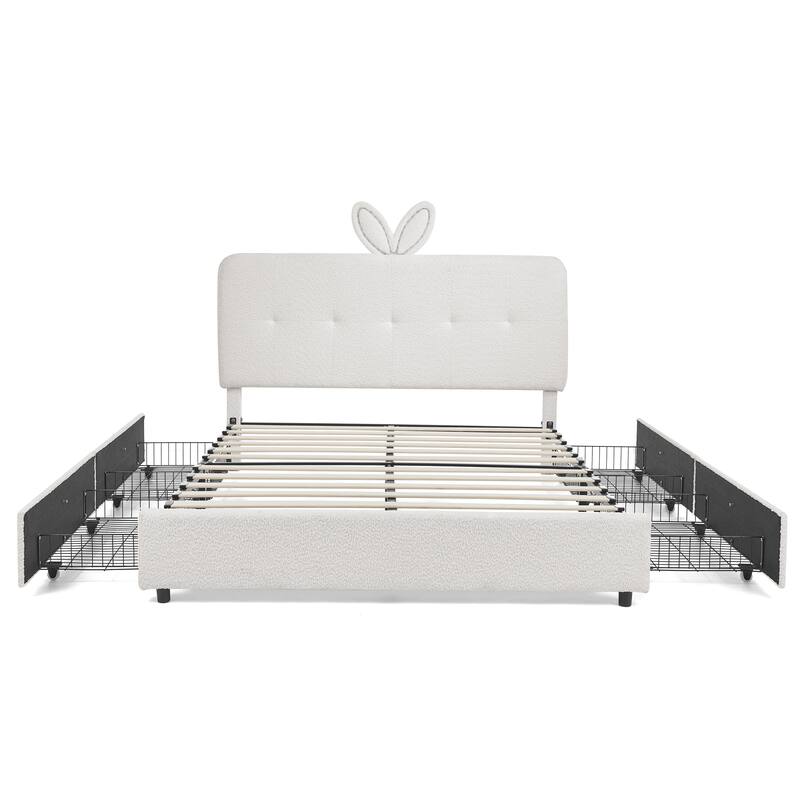 Queen Size Boucle Upholstered Bed with Rabbit Ear Headboard, LED Music Sync & 4 Drawers