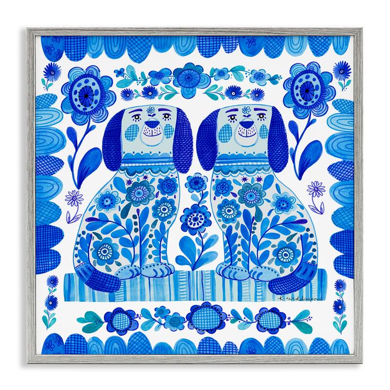Stupell Blue Folk Style Puppies Framed Giclee Art Design By Kay Widdowson - 17 x 17 - Grey