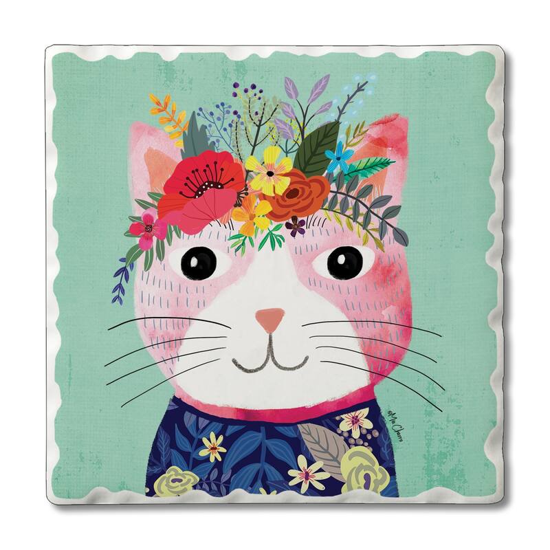 Counterart Absorbent Stone Coasters - Floral Pets-Shorthair - Set of 4 - 4x4x1.512
