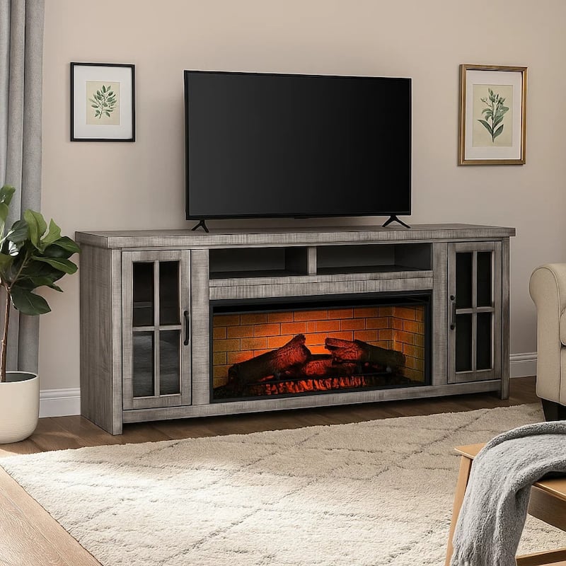 Gery TV Media Console w Log Fireplace Insert Option, 76 Inch, 2 Cabinets, Gray