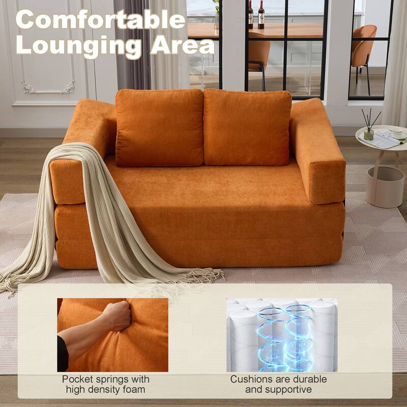 Modern Minimalist Orange Chenille Fold-Out Sofa Bed, Convertible Chair Floor Couch