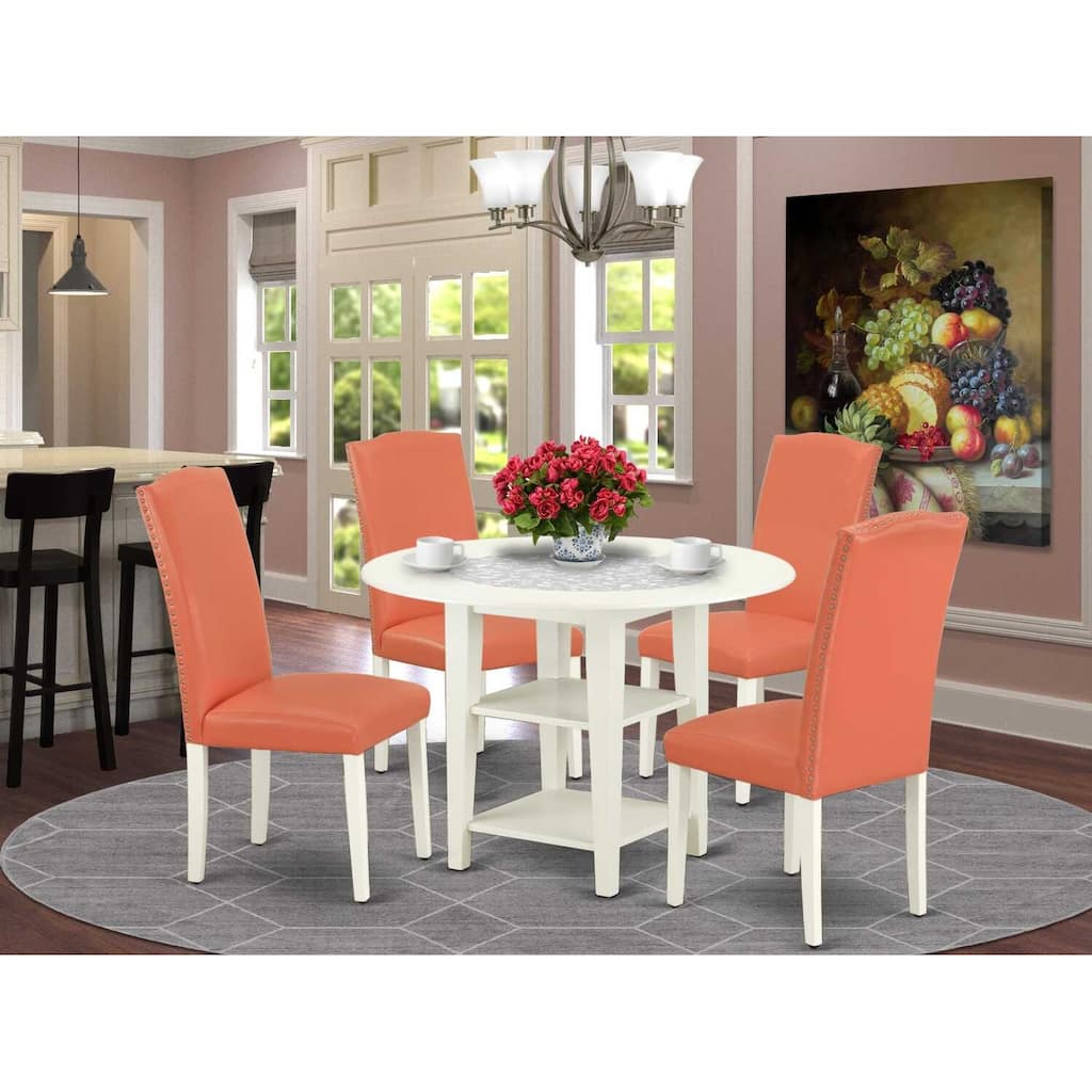 HomeStock 5-Pc Linen White Finish Solid Wood Top-Round Dining Room Set with Dropleaf-Seats 4