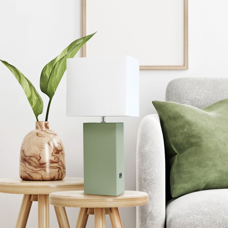 Leather Base Bedside Table Lamp with USB Charging Port - 21" - Sage Green